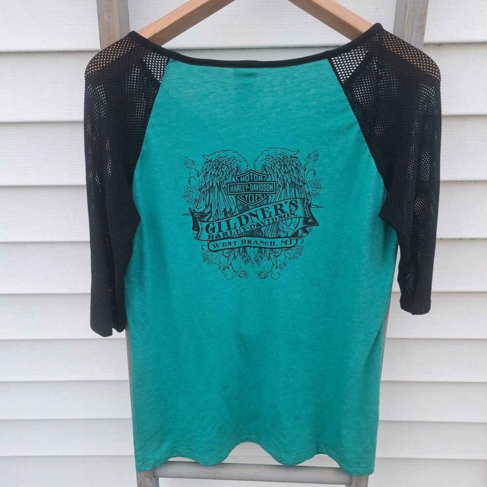 Harley-Davidson Womens XL Teal Blue Black Mesh Half Sleeve Top HD Gildners MI - Picture 5 of 8